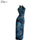 中華服 チャイナ服 レディース ワンピースドレス 花柄 プリント ノースリーブ ロング丈 スリット チーパオ ヴィンテージ ドレス 民族衣装 チャイナ風 民族風...