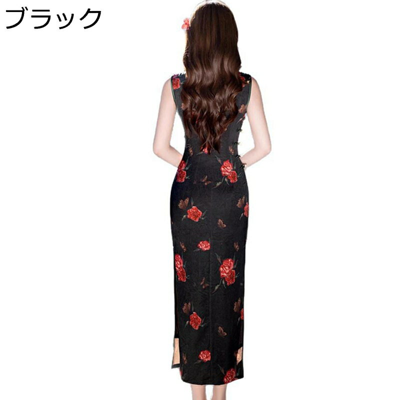チャイナ服 チャイナドレス レディース 中華服 民族衣装 チーパオ チャイナ風 花柄 プリント 民族風 中華風 ノースリーブ 着痩せ カジュアル ファッション エレガント 春夏秋 披露宴 宴会 デイリー