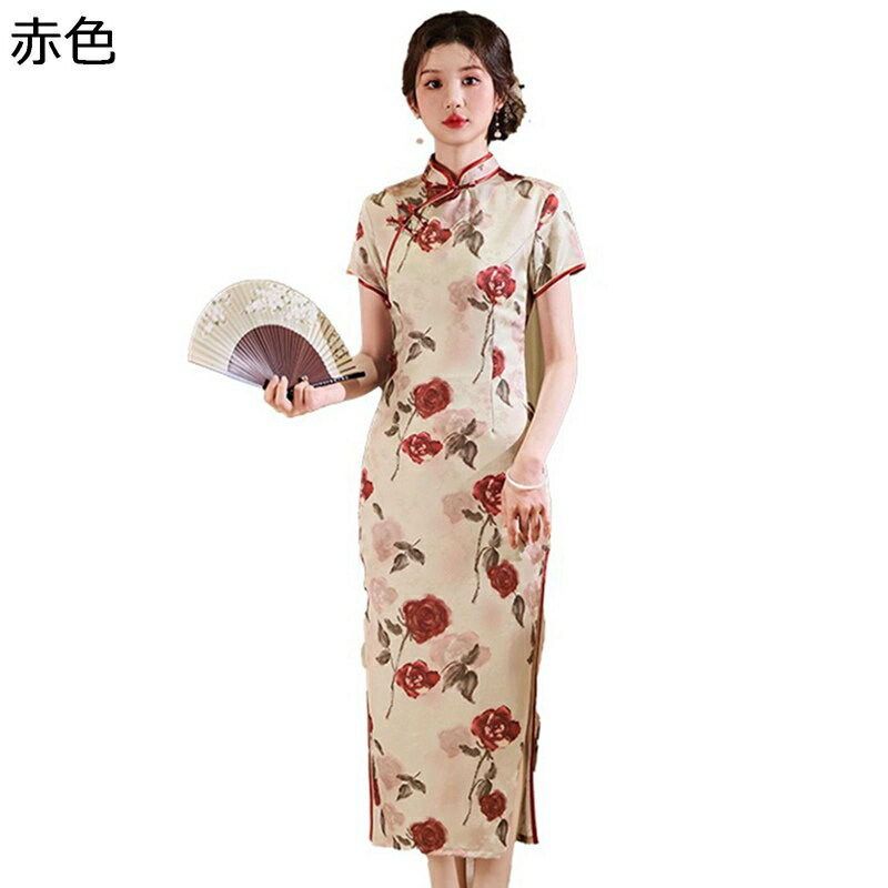 チャイナ服 ワンピースドレス レディース 花柄 プリント マキシ丈 ストレッチ ロング丈チャイナドレス スタイリッシュ 優雅 ドレス イブニングドレス 春夏 デイリー 演出用 卒業式 彼女