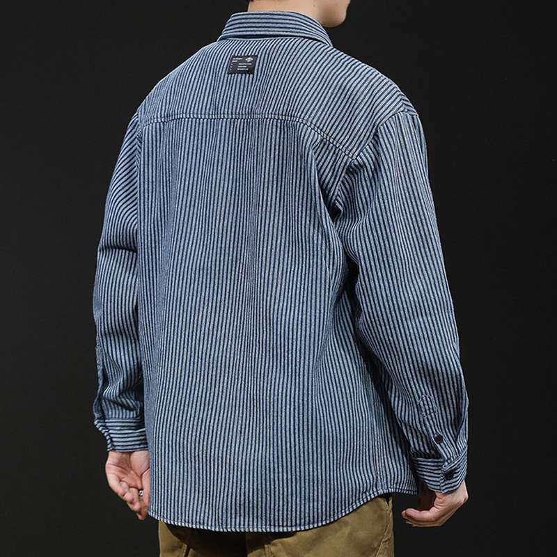 デニムシャツ ストライプ柄 デニムジャケット メンズ アメカジ 縞柄 ジージャン M-3XL 長袖 開襟 ボタンダウン ヴィンテージ 防皺 柔らか おしゃれ ゆったり 体型カバー 厚手 耐摩耗 サラサラ