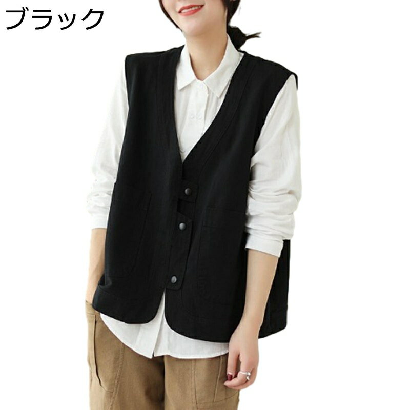 チョッキ 綿麻ベスト レディース 無袖シャツ ポケット付き 春服 夏服 ブラウス 重ね着 前開き 開襟シャツ ノースリーブ 薄手 カジュアル トップス 体型カバー 着痩せ おしゃれ シースル シンプル