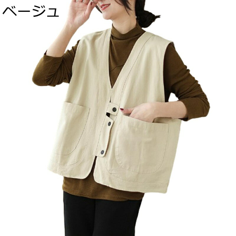 チョッキ 綿麻ベスト レディース 無袖シャツ ポケット付き 春服 夏服 ブラウス 重ね着 前開き 開襟シャツ ノースリーブ 薄手 カジュアル トップス 体型カバー 着痩せ おしゃれ シースル シンプル