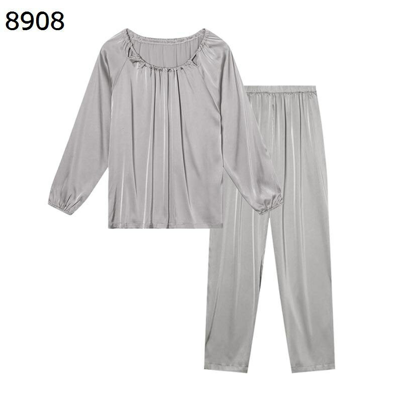 シルク風 パジャマセット 長袖 春秋 レディース ロングパンツ ナイトウェア 丸首 tタイププル おしゃれ 上下セット 2点セット リラックス 女性 ゆったり ルームウェア 薄手 素肌 光沢感 滑らか 寝間着