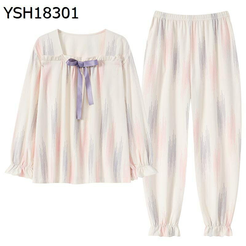 綿100 パジャマセット レディース ロングパンツ ナイトウェアセット 長袖 リボン かわいい tタイププル ロングパンツ 2点セット 敏感肌 通気 シャツ+パンツ 柔らか 便利服 四季 冬用 ゆったり 寝間着