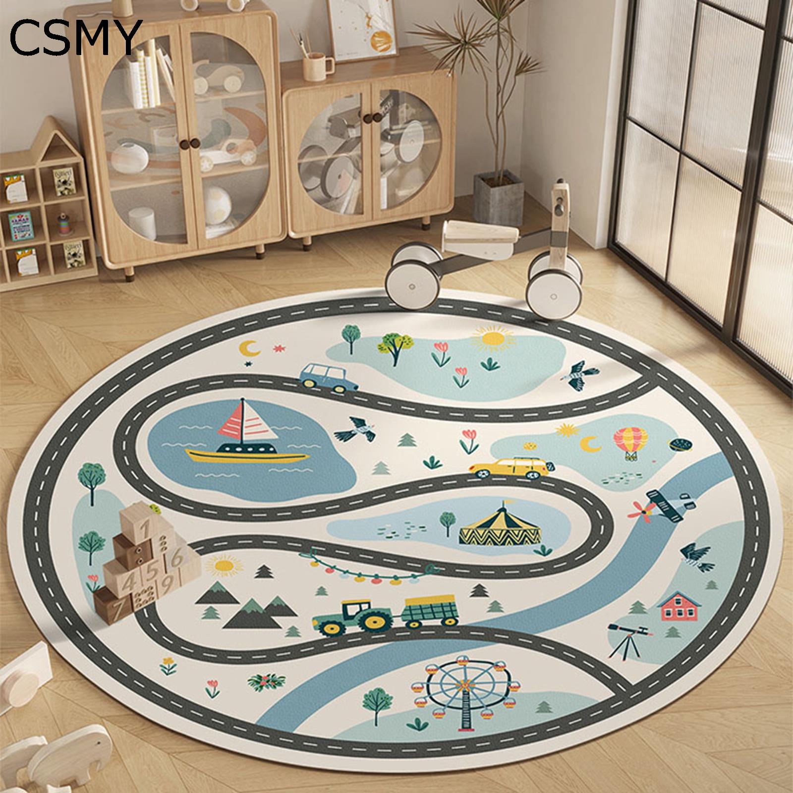 子供部屋マット 丸型 プレイマット PVC革 拭ける 撥水 抗菌 キッズラグ 遊びマット 道路 交通 地図 線..