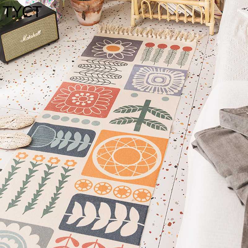 民族風カーペット タッセル飾り 花柄カーペット フロアマット 長方形 インテリアマット テーブルカバー リビングパット ネイティブ柄 部族 敷物 ヴィンテージ カラフル 洗濯可能 居間用