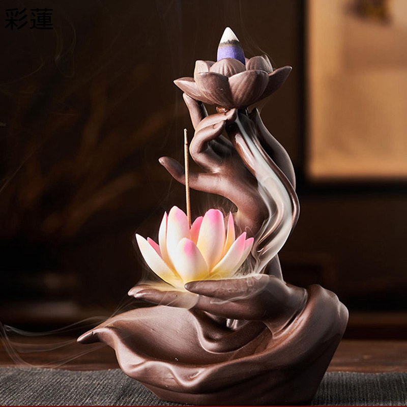 倒流香炉 仏手蓮心 香具 香炉 玄関置物 茶道具 お香立て 香道 禅 逆流香炉 LEDランプ 癒し ストレス解消 セラミック製 家用 室内 リビング インテリア 装飾品 書斎 ヨガ 瞑想 睡眠 贈り物