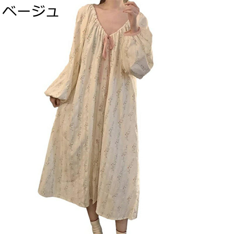 寝巻き 小花柄 Vネック ルームワンピース 長袖 ネグリジェ レディース おしゃれ 吸湿 便利服 寝やすい 春 夏 秋 寝間着 ワンピースパジャマ ルームウェア 大きいサイズ ゆったり