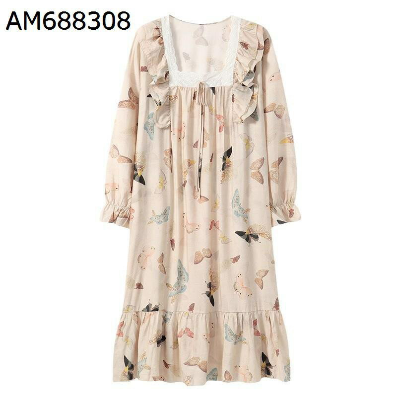 長袖 ルームワンピース 蝶々柄 パジャマ レース フリル ヴィンテージ ワンピースツルツル ルームワンピース 寝間着 ネグリジェ かわいい ルームウェア 寝巻き 春秋 おしゃれ 吸湿 ナイトウェア