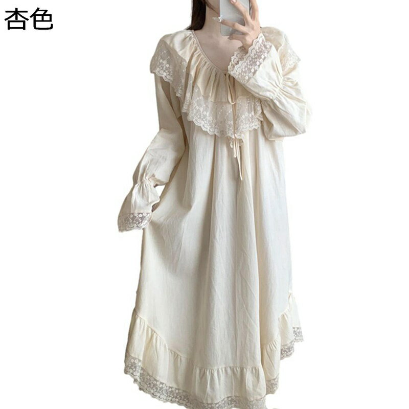 綿100 ネグリジェ レース フリル ヴィンテージ ワンピースパジャマ 姫系 洋風 テーラー襟 長袖 かわいい ルームウェア 寝巻き 春秋 ルームワンピース ゆったり 寝間着 敏感肌 おしゃれ 肌に優しい