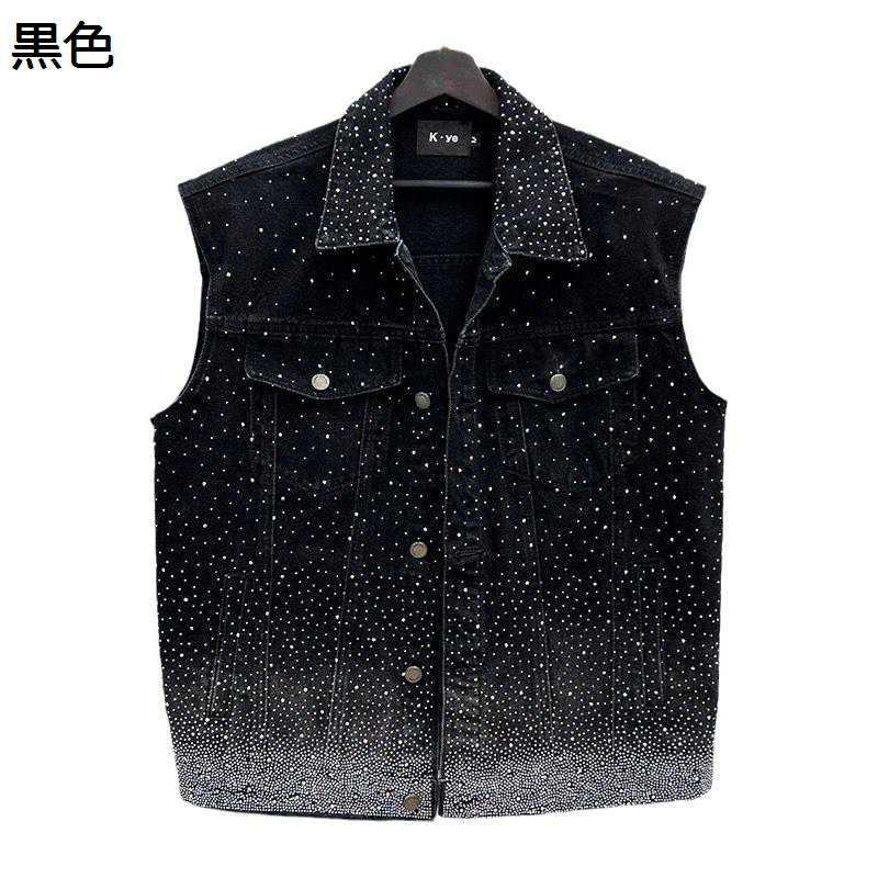 Gジャン デニムベスト チョッキ ジレベスト メンズ グラデーション スタッズ ゆったり ノースリーブ 体型カバー 前開 ワークウェア ダメージ 軽量 防風 ストリート系 撮影 かっこいい ワーク 春秋用