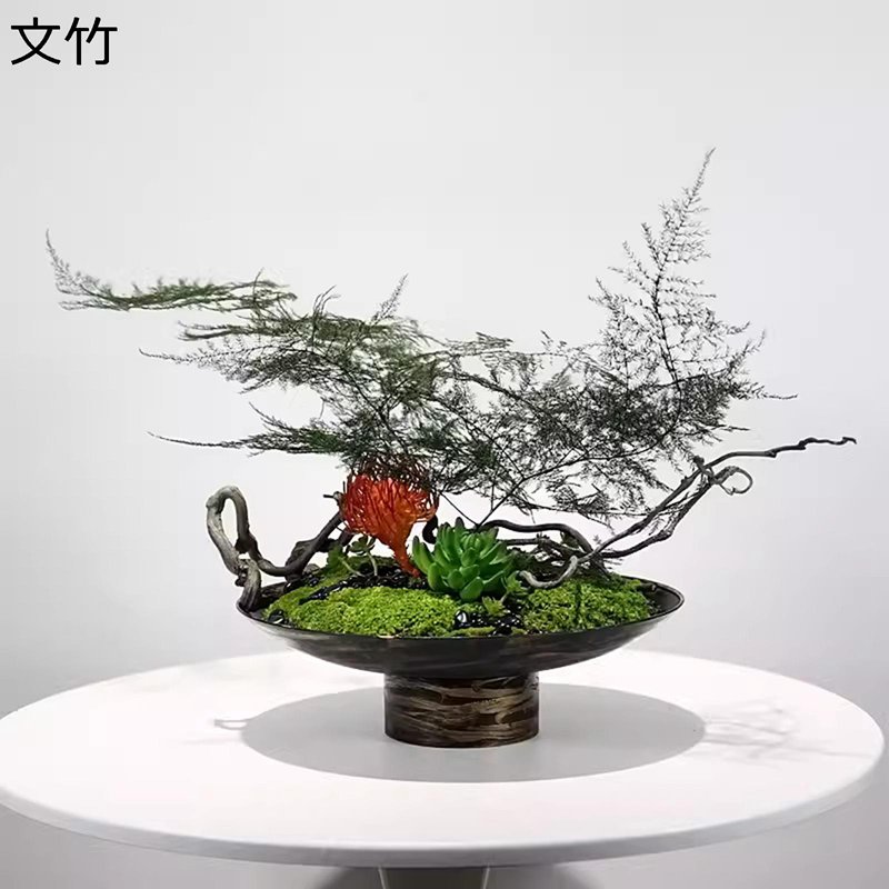 フェイクフラワー 造花 文竹 プロテア フラワーアレンジ インテリア 卓上 人工観葉植物 ガラス花瓶付き 繊細な葉 店舗 カフェ 喫茶店 耐退色 屋内 洗面所 客間 お祝い リベーション 枯れない