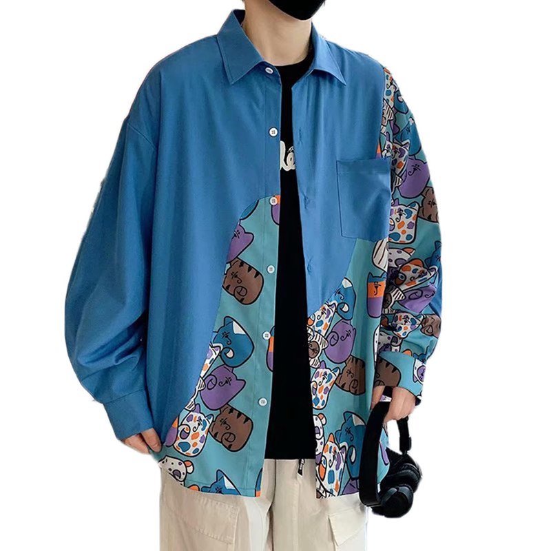 開襟シャツ 長袖 メンズ ジャケットシャツ アンシンメトリー ねこ 猫柄 可愛い ゆったり ルーズ 体型カバー 薄い コート カジュアル フ..