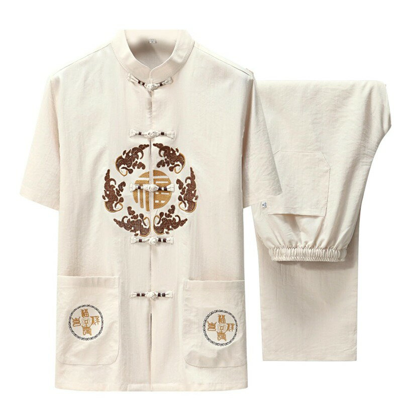 上下セット 唐装 チャイナ服 半袖 夏服 チャイナ風 刺繍柄 太極拳服 茶師服 禅 瞑想 大きいサイズ ファッション カジュアル 通気性 吸水速乾 ゆったり おしゃれ 寿披露宴 スポーツ デイリー