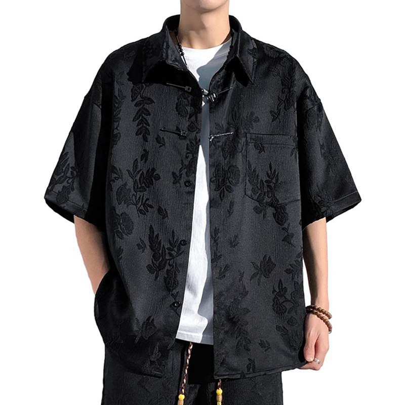 メンズ カジュアルシャツ 半袖 シャツジャケット ジャカード織 折り襟 日系 中華風 シンプル 胸ポケット付き 窮屈感のない 快適 速乾吸汗 通気性いい 春夏着 デイリー 部屋着 おしゃれ