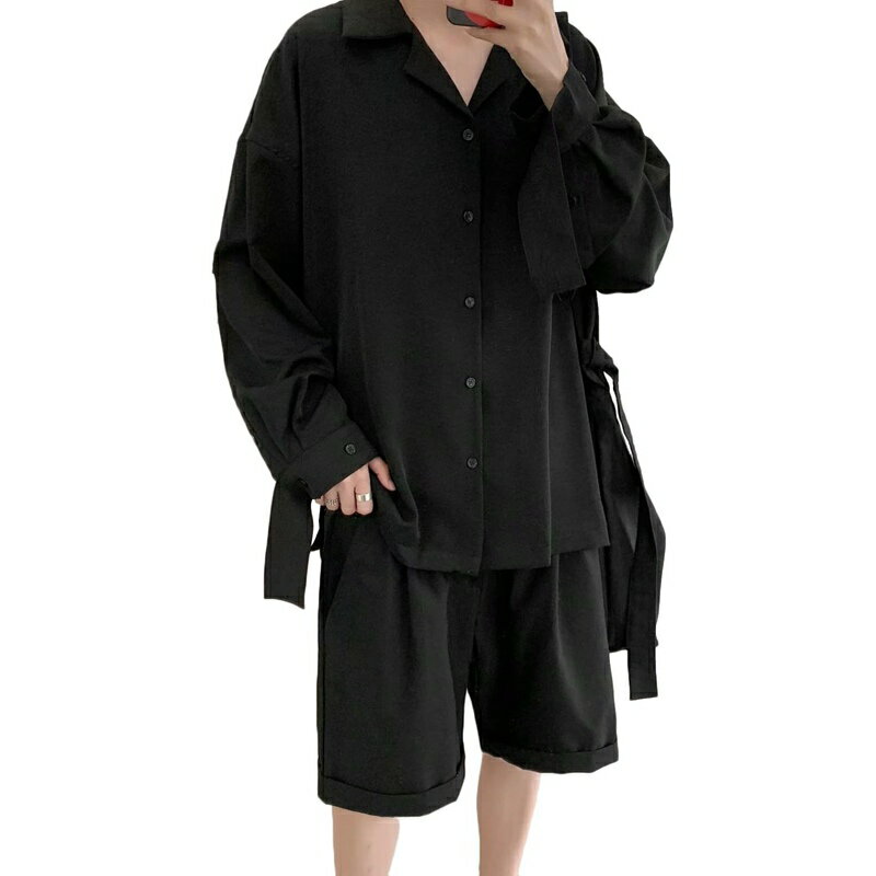 メンズシャツ 長袖シャツ カジュアルシャツ 袖にベルト飾り 簡約 無地 シンプル ゆったり 開襟 春秋着 ..