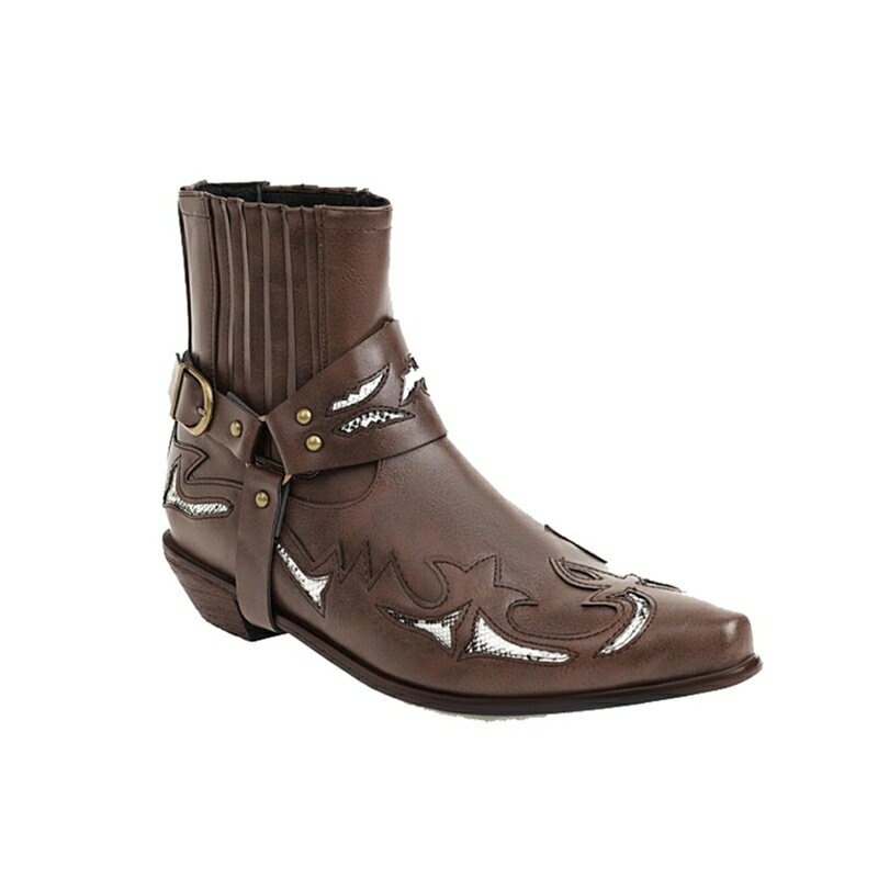 ウエスタンブーツ チェルシーブーツ メンズ 大きいサイズ ローヒール3cm リングブーツ 刺繍 バックル ..