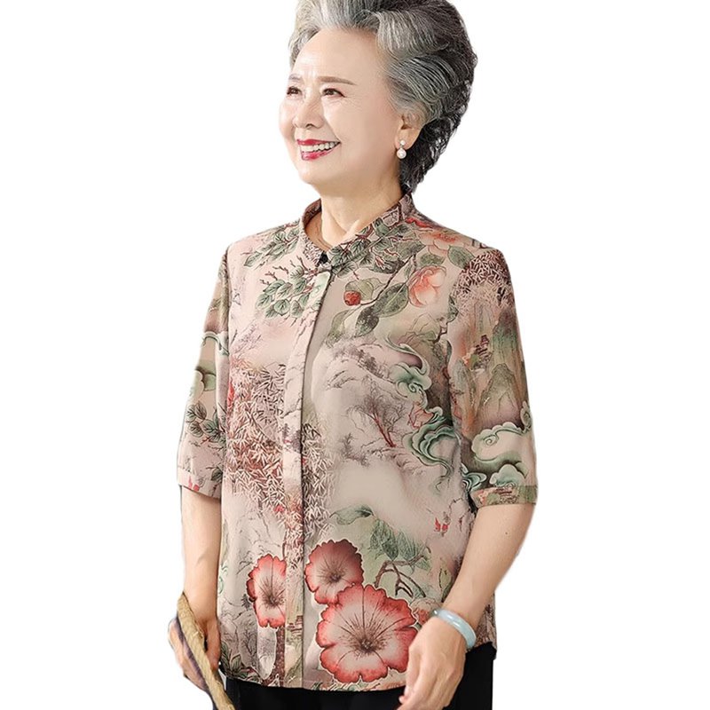 シャツ 花柄 ブラウス レディース シニア 高齢者 ボタンダウン 開襟シャツ クルーネック 半袖 通気性 大きいサイズ ゆったり 涼しい カジュアル お年寄り 老人服 お婆ちゃん服 60代 70代 8