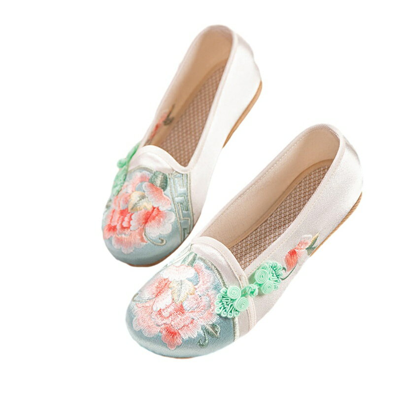 フラットパンプス モカシン レディース 牡丹刺繍 ピンク チャイナシューズ ママシューズ ラウンドトゥ ..