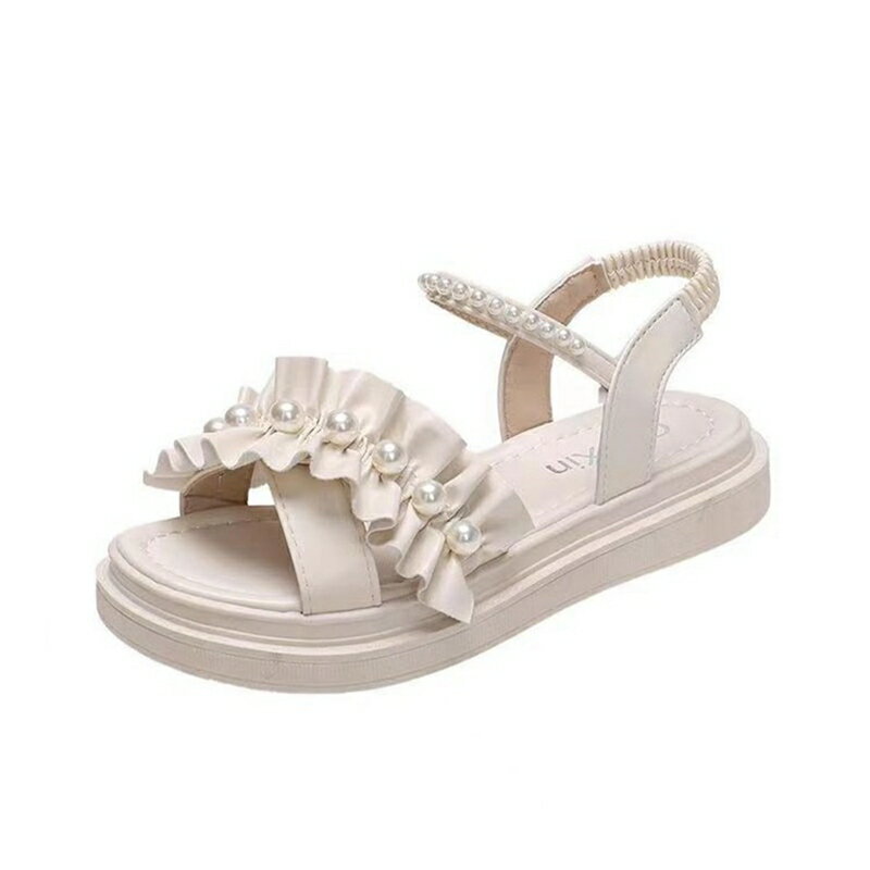 レディース 厚底サンダル フラット 夏靴 ゴムストラップ フリル パール かわいい ウォーキング 涼しい ..