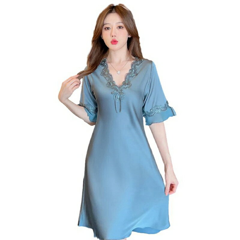 ネグリジェ パジャマ レディース 半袖 夏用 ルームワンピース 部屋着 寝巻き シルク風 レース vネック ..