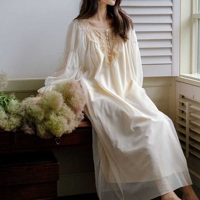 ネグリジェ 宮廷風 ワンピーパジャマ コットン 綿100 二重ガーゼ 姫系 透け感 ボリューム袖 ルームウェ..
