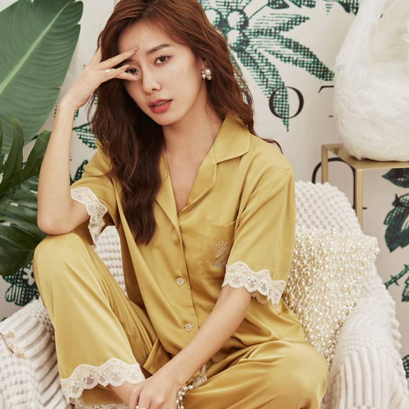 シルク風 パジャマ レディース 半袖 ルームウェア 3点セット ショーパン 長ズボン 部屋着 寝巻き 春夏秋 前開き 衿付き 上下セット レーヨン ひんやり 薄手 肌触り 快適 ワイド おしゃれ M（