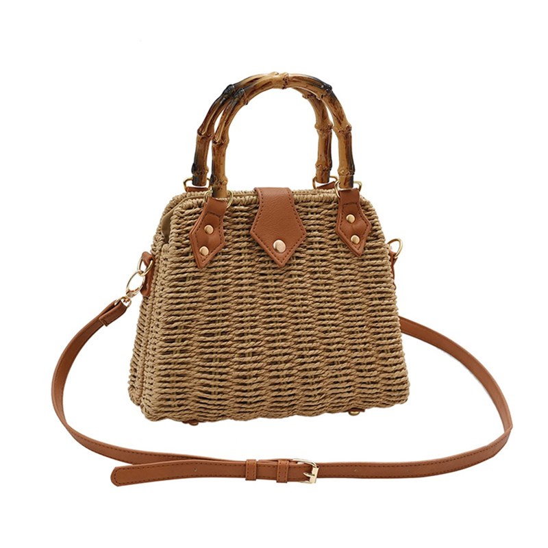 編みバッグ カゴバッグ 2WAY ショルダーバッグ バンブーハンドル 手提げバッグ 夏用 手織りバッグ スト..