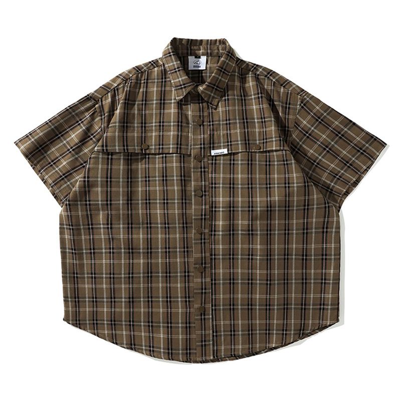 ヴィンテージ チェック柄 半袖シャツ メンズ 綿 レトロ 開襟 軽い 柔らかい 体型カバー ルーズ ゆった..