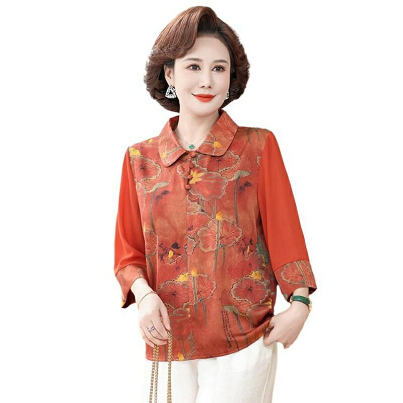 シニアファッション 七分袖ブラウス 花柄 高齢者用 婦人用 レディース 高齢者服 ゆったり ポロネック 柔らかい サラサラ 涼感 前開きボタン 敬老の日 母の日のプレゼント フォーマル お呼ばれ