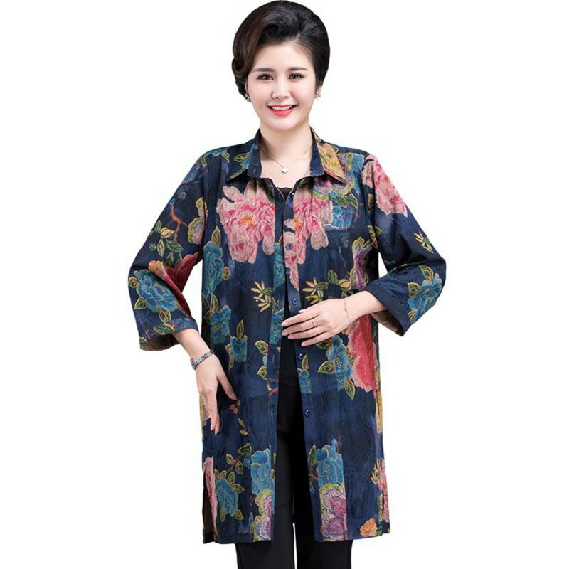 花柄シャツ ロング丈 開襟 ボタンダウン 高齢者 女性 夏服 女性 七分袖ブラウス 大きいサイズ 薄手 通気 前開き レディース トップス 体型カバー 便利服 母の日 プレゼント 祖母 お年寄り