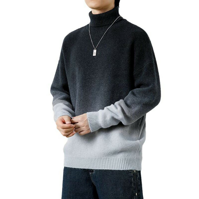 韓国風 セーター メンズ 長袖 厚手 グラデーション ハイネック トップス ゆったり おしゃれ 裏起毛 暖..