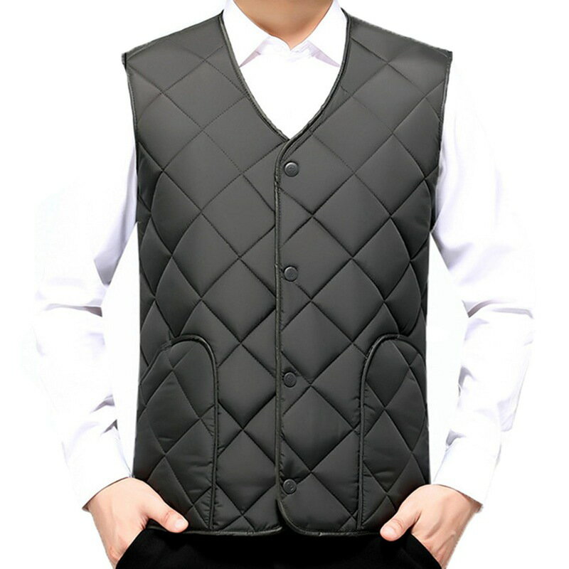 ダウンコットンベスト 裏起毛 フェイクファー アーガイル柄 メンズ ボタン付き Vネック 襟なし ポケット付き 中綿入れ ベスト チョッキ 暖か トップス 秋冬...