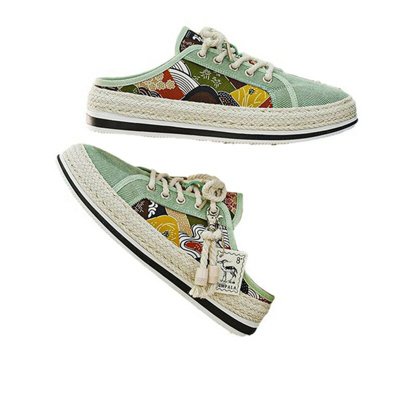 外出スリッパ メンズ レースアップ 和風和柄 キャンパスシューズ エスパドリーユ カジュアルシューズ ..