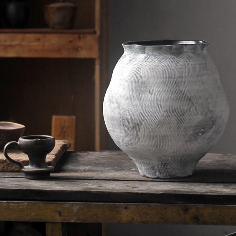 花びん 土陶器 グレー 不規則 手作り ストライプ シンプル花器 おしゃれ花器 花瓶 高温磁器花器 陶磁製..