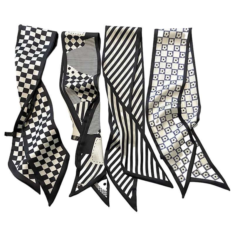 スカーフ 4枚セット バッグ用 カバンハンドル飾り ネッカチーフ サテン 黒 チェック柄 持ち手 95*10cm ..