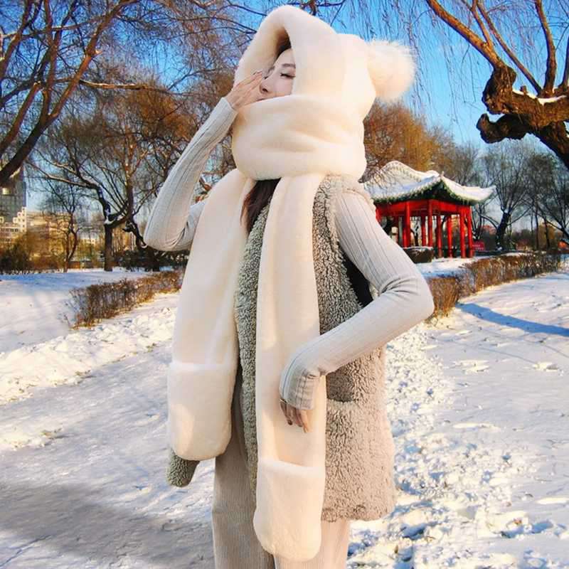 3in1 フード マフラー 手袋 レディース ボンボン付きぬいぐるみ帽子 ふわふわ 防寒対策 秋冬 おしゃれ ..