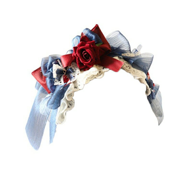 ロリータ髪飾り 白雪姫 カチューシャ 白青赤 クロス ヘッドドレス ヘアアクセサリー 赤薔薇 レース フ..
