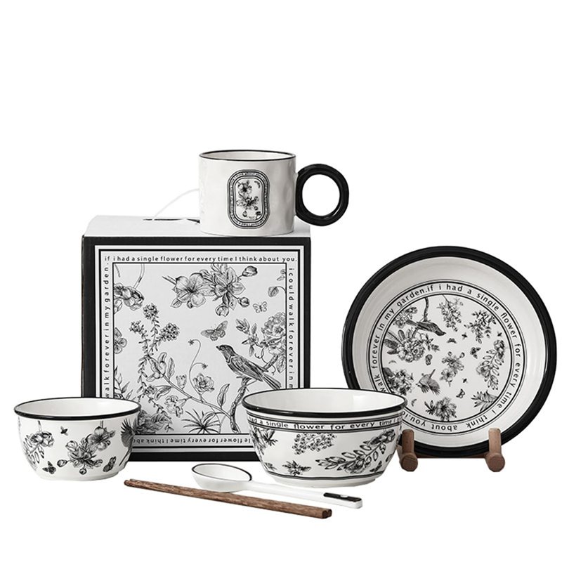 1人食セット 白黒花柄 食器セット 碗 お皿セット ひとり暮らし プレート ボウル 白磁器 ティーカップセット コーヒーカップセット コップ おしゃれ 北欧風 かわいい プレゼント 陶器 磁器