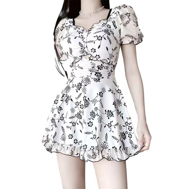 水着 ワンピース レディース 体型カバー オールインワン スイムウェア 花柄 フリル飾り バスト盛れる 女性らしい ファッション 水陸両用 オトナ女子 露出控えめ 着痩せ 海水浴 温泉 水泳