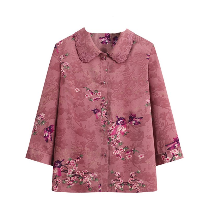 2点セット ブラウス 長袖 中高年シャツ 梅柄 折襟 トップス 9分丈パンツ ズボン 高齢者 祖母 お年寄り 女性 婦人 肌着Tシャツ 大きいサイズ 春秋服 綿麻 薄手 通気性 ホーム 通勤 お出かけ