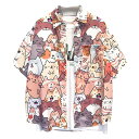 猫柄 アロハシャツ ハワイシャツ メンズ 半袖シャツ かわいい ねこ柄プリント 開襟 漫画風 夏服 薄い 軽い 体型カバー 速乾通気 吸汗 カジュアルシャツ 日...