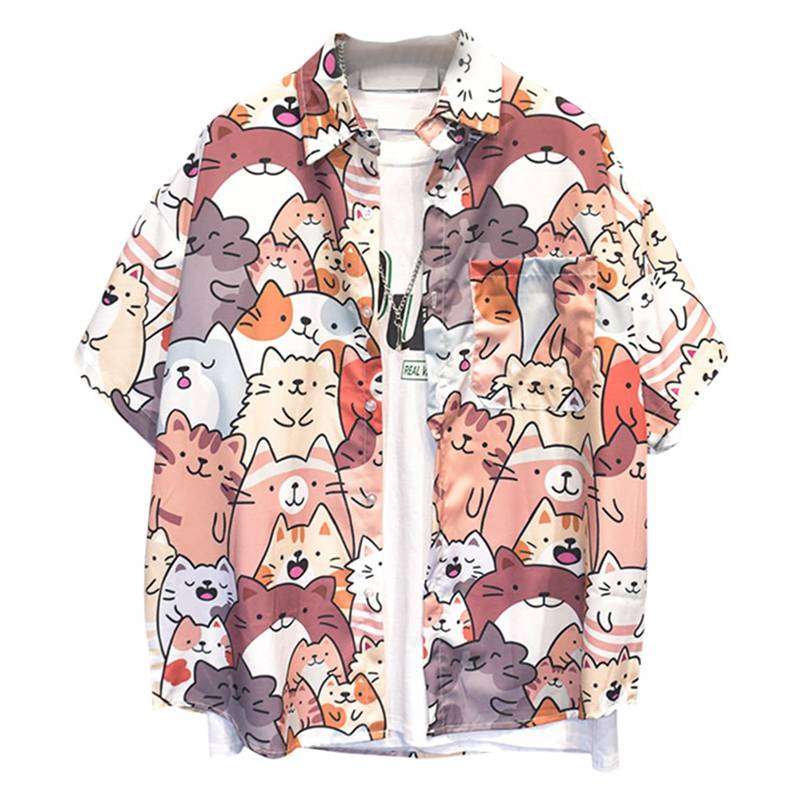 猫柄 アロハシャツ ハワイシャツ メンズ 半袖シャツ かわいい ねこ柄プリント 開襟 漫画風 夏服 薄い 軽い 体型カバー 速乾通気 吸汗 カジュアルシャツ 日焼け止め ビーチシャツ トラベル