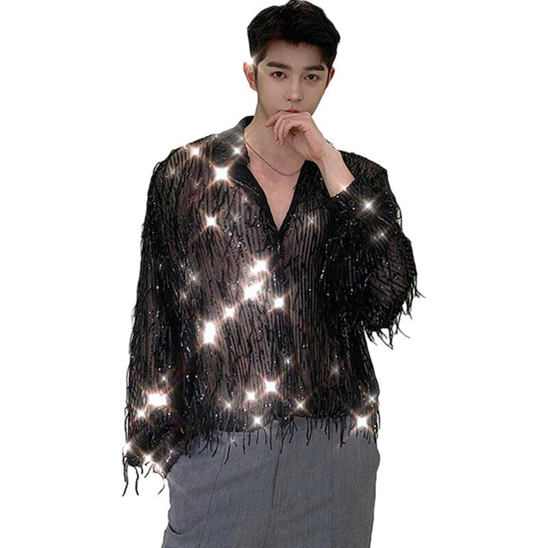 シャツ 長袖 メンズ ジャケットシャツ スパンコール ホスト系 原宿 お兄系 透け感 フリンジ飾り セクシ..