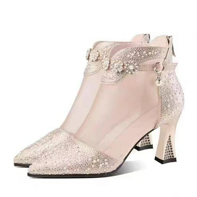 ショートブーツ メッシュ サンダルブーツ レディース ラインストーン スパンコール 花飾り 甲ストラッ..