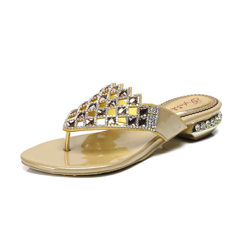 レディース ビーチサンダル 鼻緒付きサンダル 太ヒール トング ヒール2.5cm カジュアル ラインストーン..