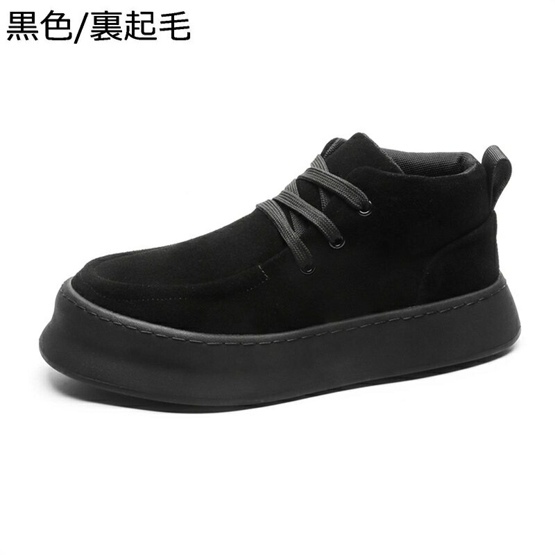 メンズ カジュアル スエード 厚底靴 カーキ 黒 ベージュ 身長アップ ボア付き 秋冬 ハイカット ショートブーツ 柔らか 軽量 履き心地 ..