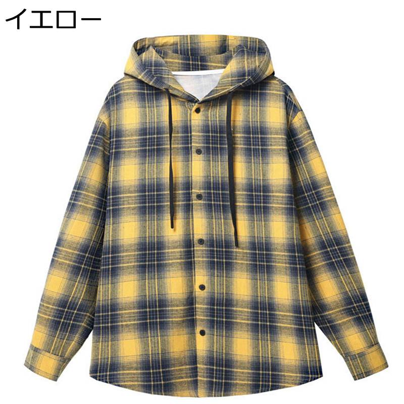 ネルシャツ チェック柄 フード付き パーカー 長袖 メンズ 襟付き カジュアル 上着 ボタンダウン ベーシック 柔らかい 男女兼用 ゆったり かっこいい ストリート クール 大きいサイズ 春秋用
