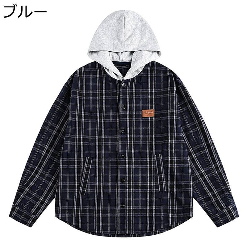 チェック柄 シャツ 長袖 メンズ フード付き パーカー 春秋服 前開き ネルシャツ ボタンダウン ゆったり..