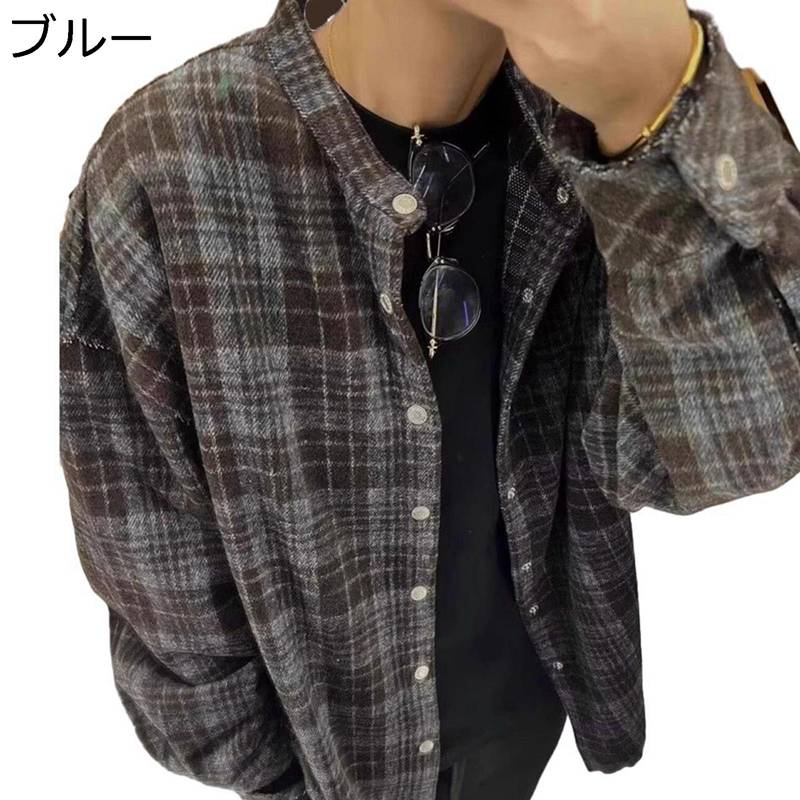 メンズ チェック 長袖 ネル シャツ 立ち襟 ボタンダウン 厚手 秋服 開襟 大きいサイズ 快適 軽量 ワークシャツ スタンドカラー モード系 ファッション カップル 通勤 ストリート クール